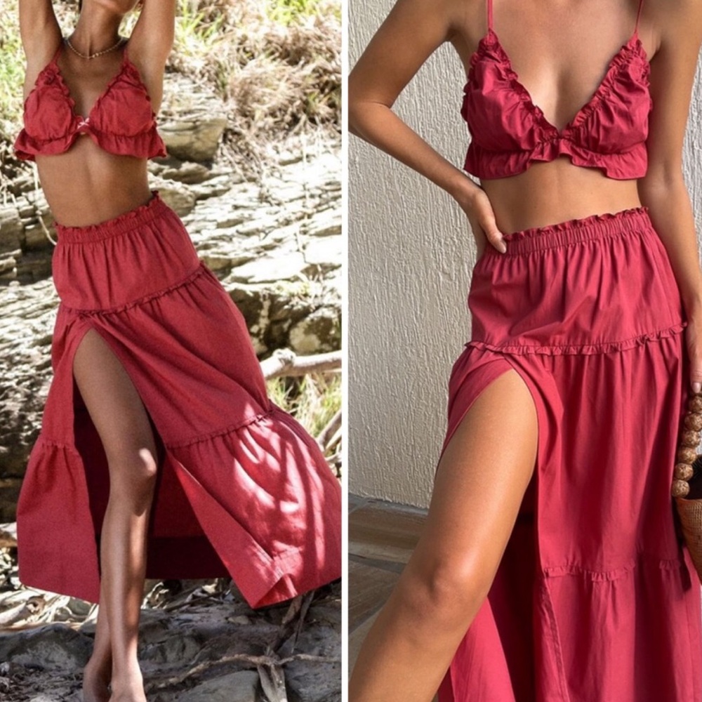 POSSE Lyndy Australia Red Tiered Maxi Floor Length High Slit Prairie Skirt